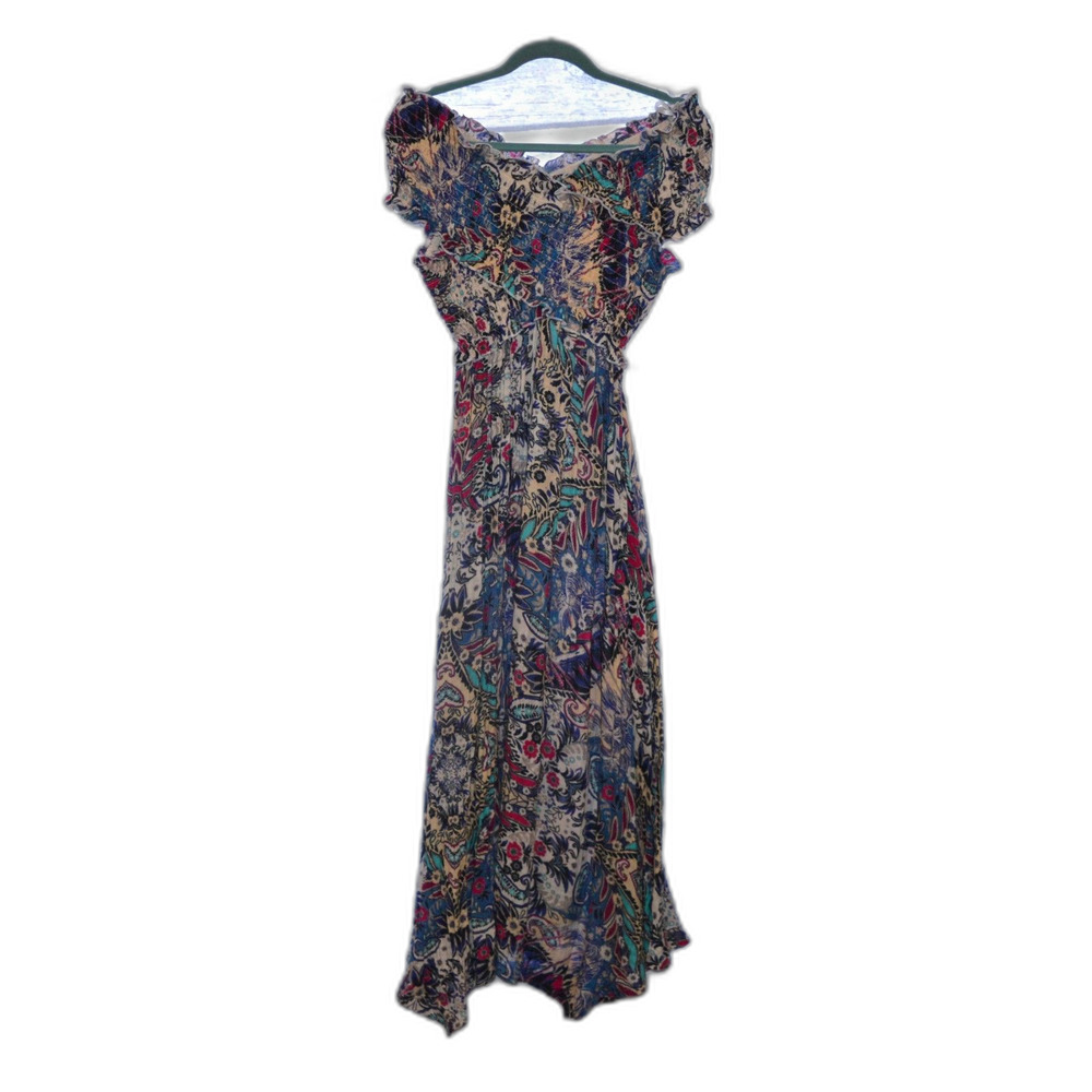 By Anthropologie Smocked Gauze Criss-Cross Dress Blue Motif Boho Medium - Picture 9 of 16